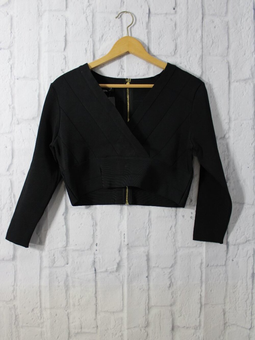 bebe Large Black Longsleeve Faux Wrap Bandage Top Summer Crop Zipper Neutral